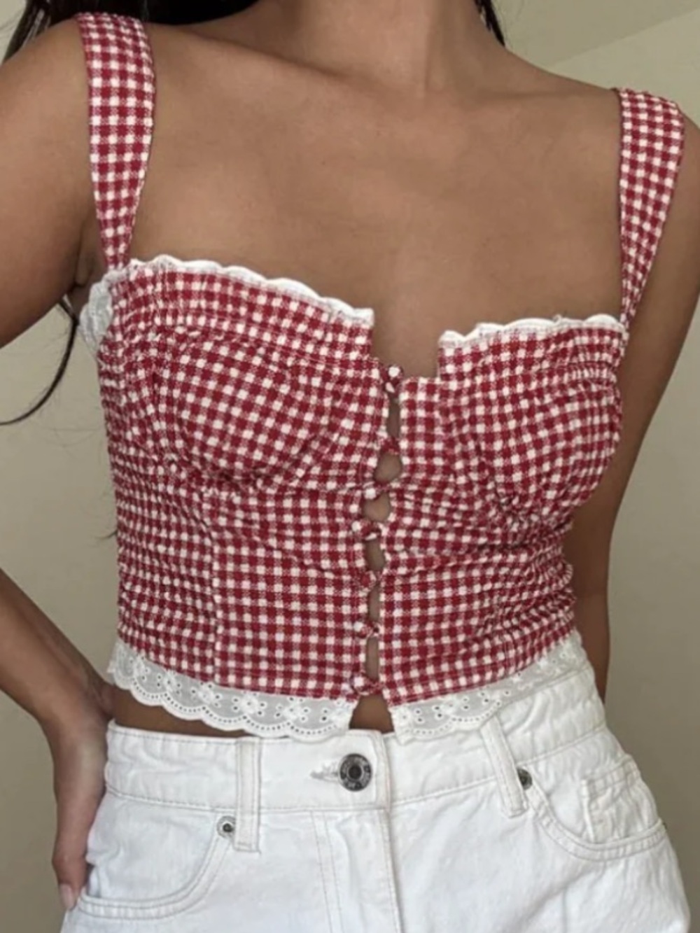 Isabelle’s Cabinet red and white checkered lace crop top shirt